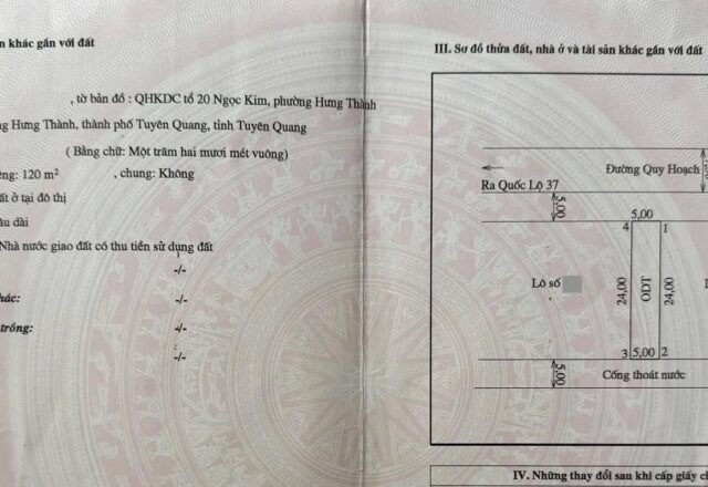 Bán đất thổ cư 100% khu Ngọc Kim, Minh Xuân, Tuyên Quang – 120 m², giá 2,8 tỷ